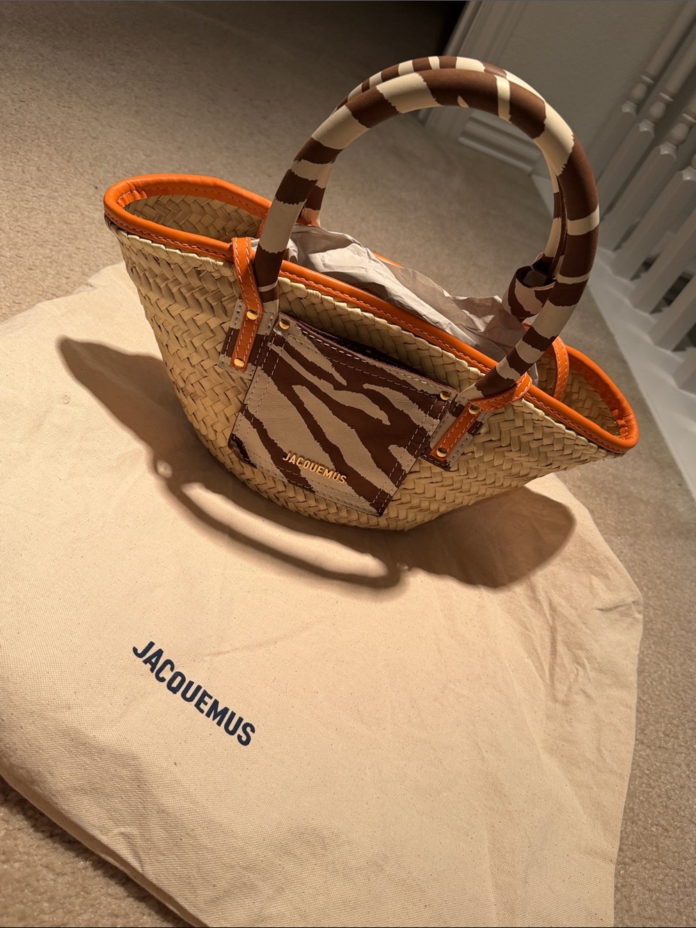 Jacquemus Tan Straw Tote with Brown Zebra Print and Orange Trim